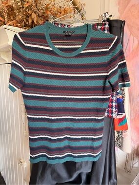 Theory Teal, Burgundy & White Striped Short-Sleeve Knit Top